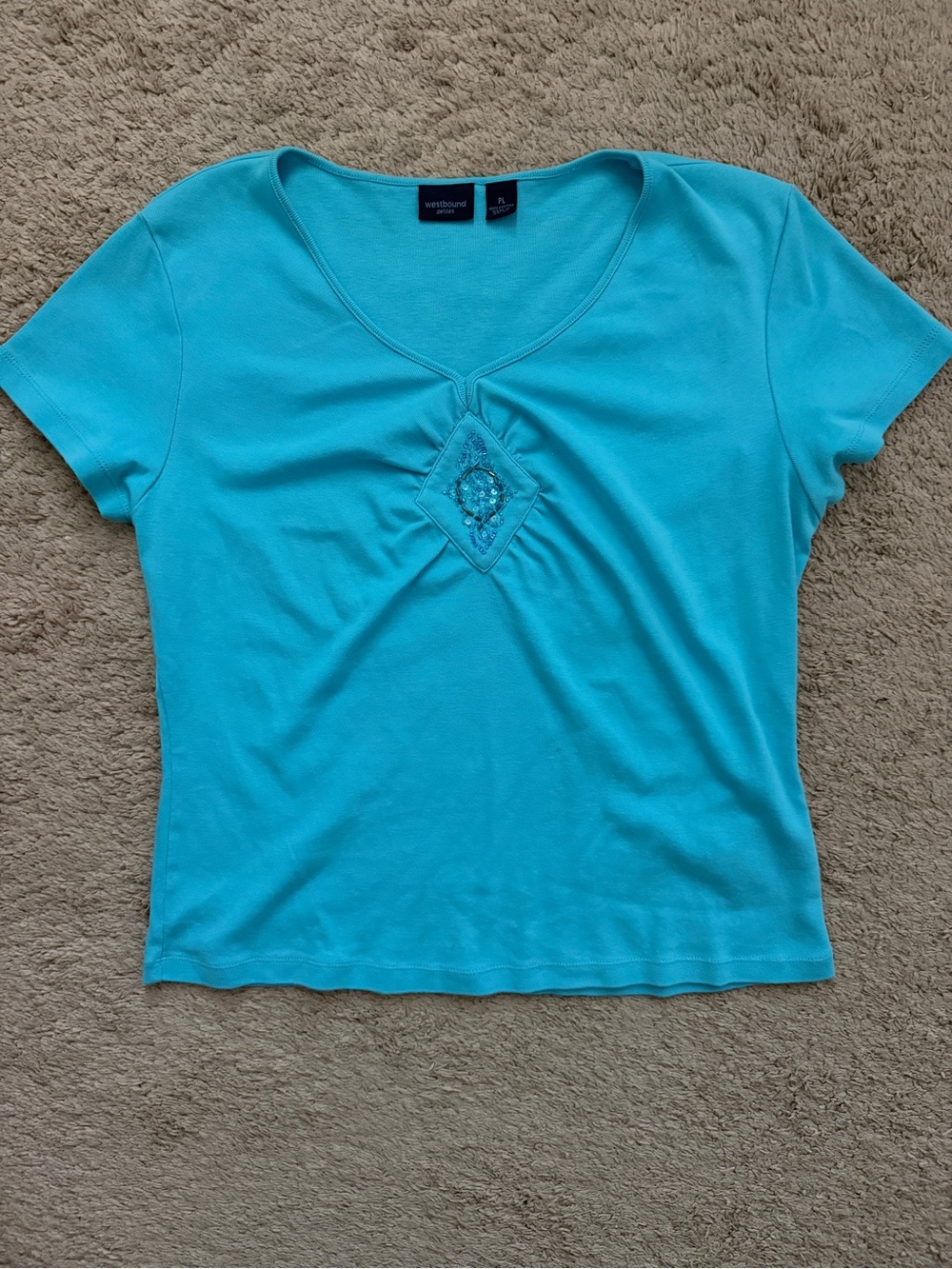 100% Cotton Westbound Turquoise V-Neck Top with Center Embellishment